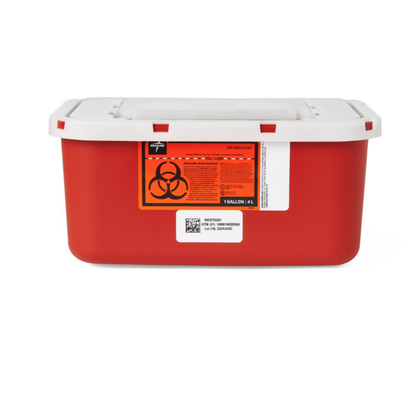 The Medline Multipurpose Sharps Container is a red plastic container with a white lid and orange biohazard label, designed for safe storage and disposal of used needles and other medical sharps.