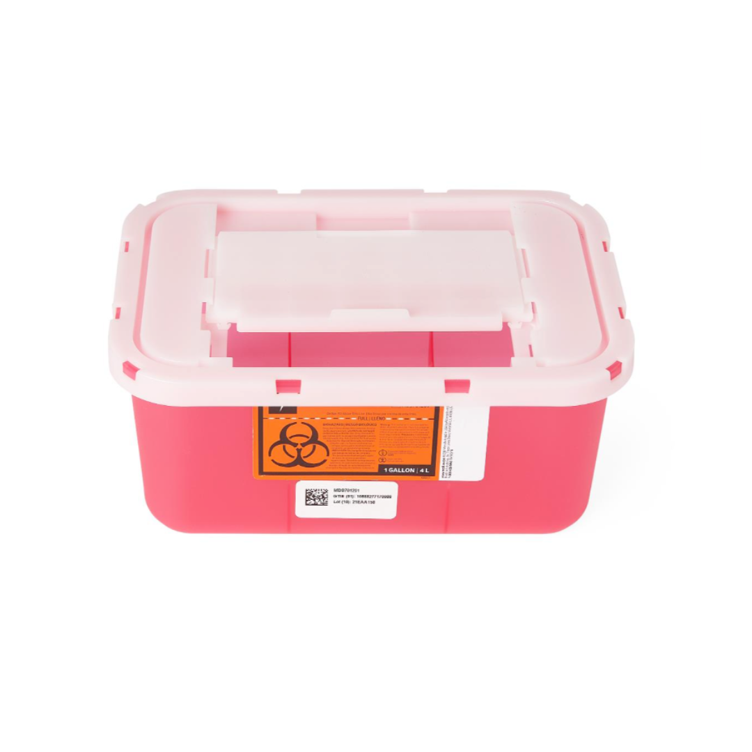 A Medline Multipurpose Sharps Container, red with a white lid, displays a biohazard warning label and barcode on the front, ensuring safe disposal of medical waste against a white background.