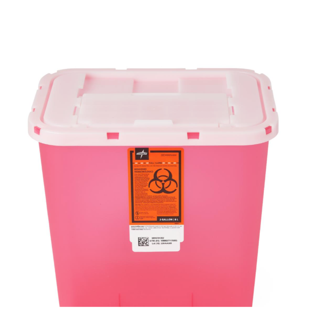 The Medline Multipurpose Sharps Container features a pink body, white lid, and an orange biohazard label, making it ideal for safe disposal of hazardous medical waste.