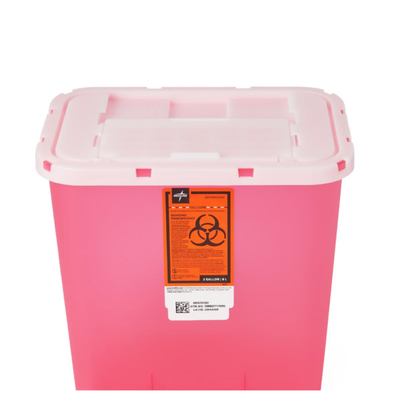 The Medline Multipurpose Sharps Container features a pink body, white lid, and an orange biohazard label, making it ideal for safe disposal of hazardous medical waste.
