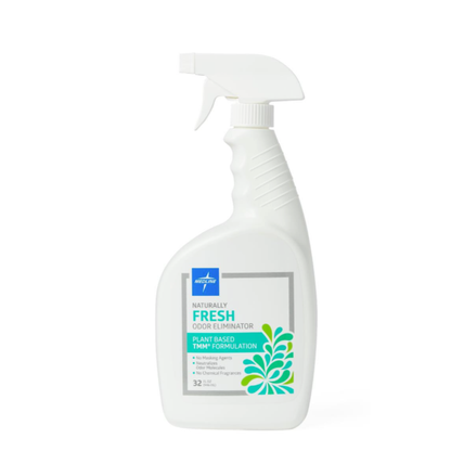 The Medline Naturally Fresh Odor Eliminator Spray comes in a 32 oz white bottle with a green leaf design. It's plant-based and free from phthalates, parabens, and synthetic fragrances to effectively eliminate unwanted odors.