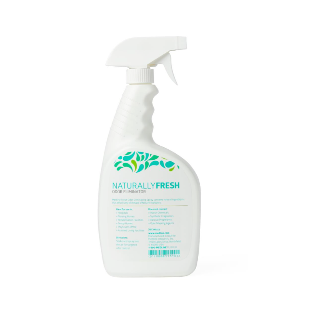 A white Medline Naturally Fresh Odor Eliminator Spray bottle with green and blue leaf graphics and a white trigger nozzle stands upright against a plain white background, designed to help eliminate unwanted odors.