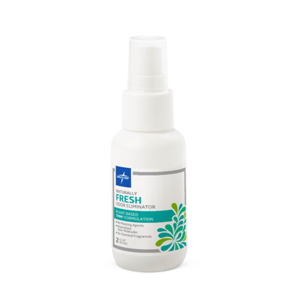 The Medline Naturally Fresh Odor Eliminator Spray is a white, plant-based, toxin-free 2 fl oz (59 ml) bottle with green leaf graphics and blue accents that helps eliminate unwanted odors.
