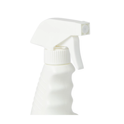 A close-up of a white spray bottle with a trigger nozzle, ideal for use with Medline Naturally Fresh Odor Eliminator Spray to remove unwanted odors, shown against a plain white background.