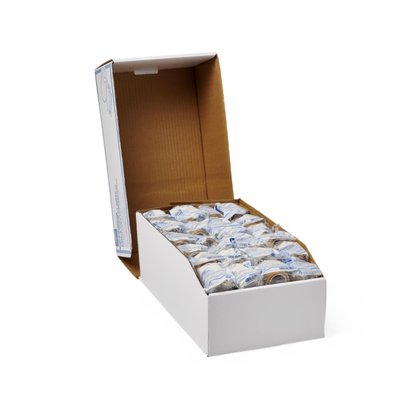 A white cardboard box with a brown interior is open, displaying multiple individually wrapped Medline Non-Sterile Tam Self-Adherent Wrap Short Rolls neatly arranged inside.
