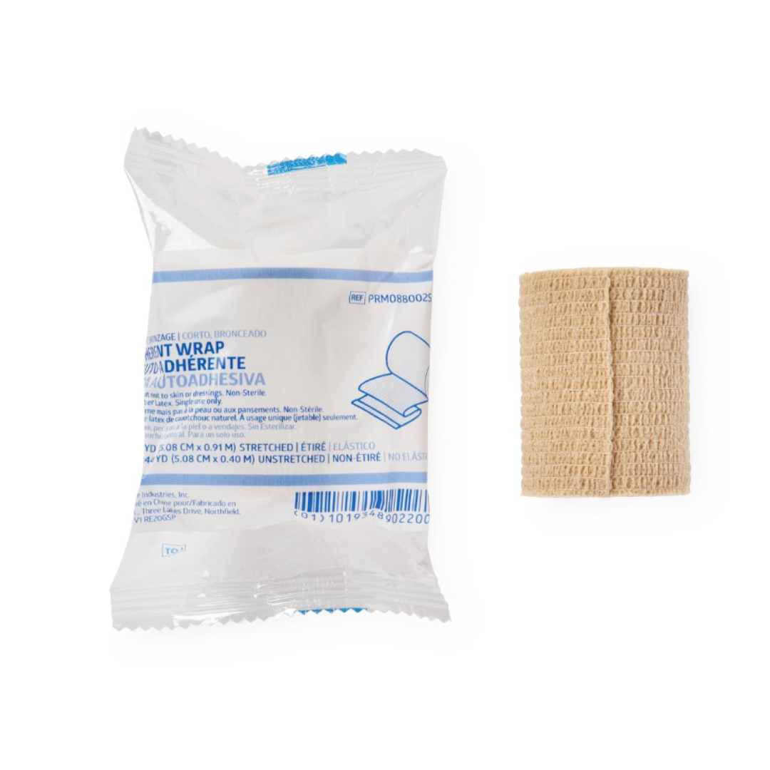 A packaged Medline Non-Sterile Tam Self-Adherent Wrap Short Roll is displayed next to an unwrapped, rolled beige bandage on a white background.