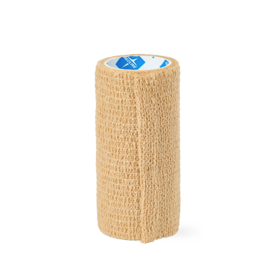 A beige Medline Non-Sterile Tam Self-Adherent Wrap Short Roll stands upright on a white background. The bandage has a textured, woven look.