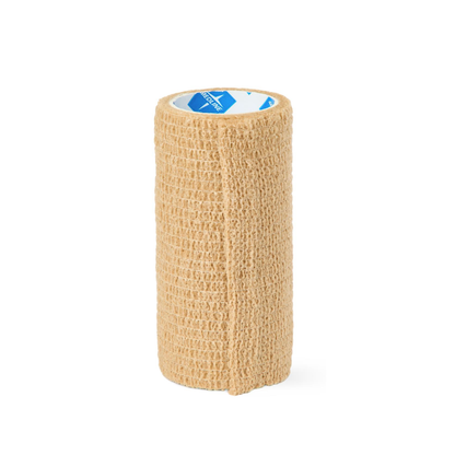 A beige Medline Non-Sterile Tam Self-Adherent Wrap Short Roll stands upright on a white background. The bandage has a textured, woven look.