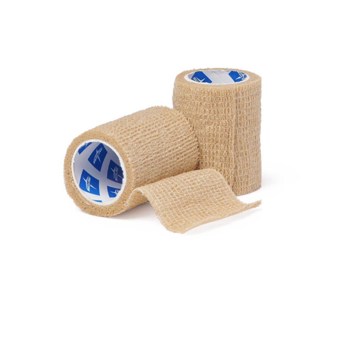 Two beige Medline Non-Sterile Tam Self-Adherent Wrap Short Rolls, one upright and one partially unrolled, are shown on a white background. These wraps provide secure, comfortable support.