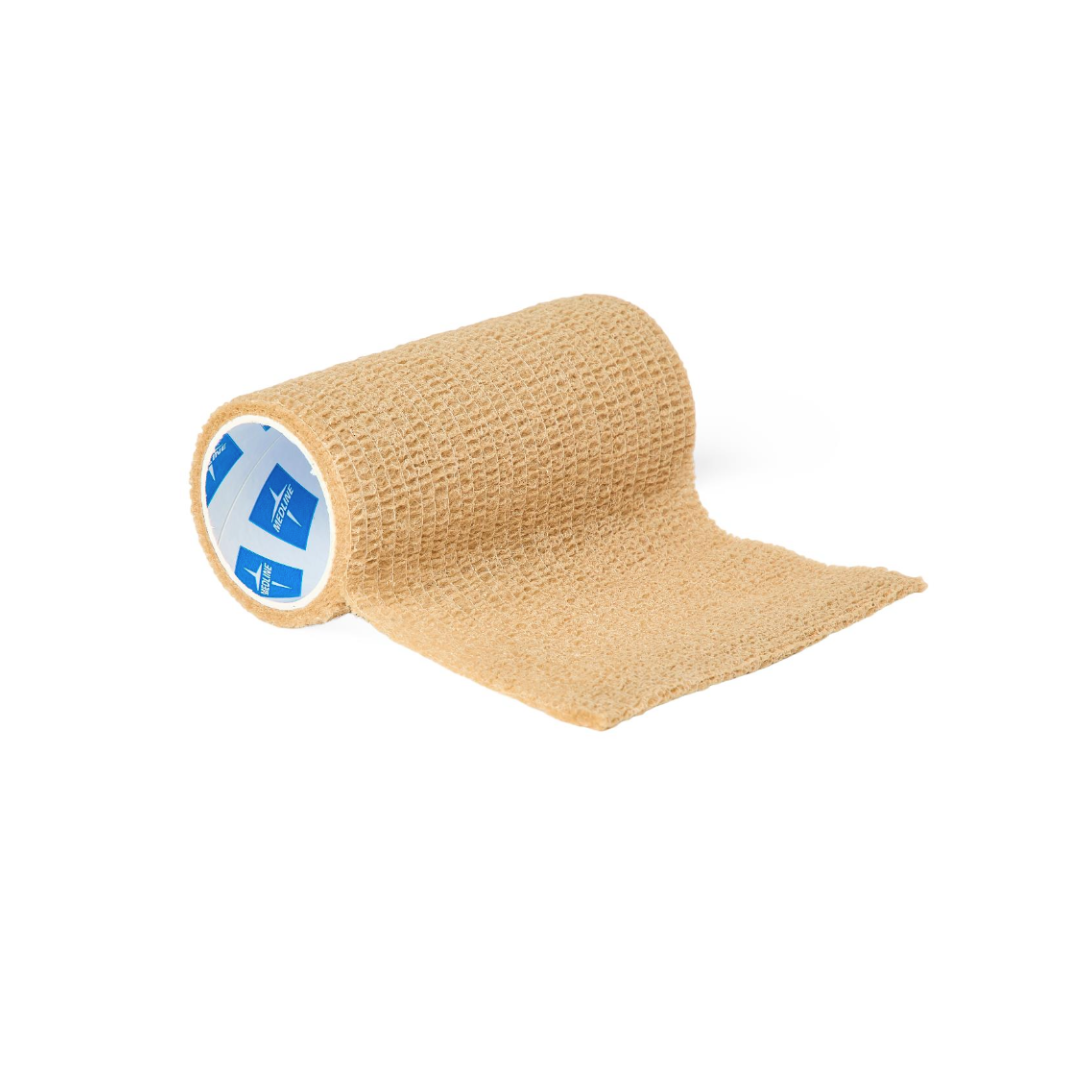 A beige Medline Non-Sterile Tam Self-Adherent Wrap Short Roll is partially unrolled, showing its textured self-adherent surface, set against a white background.