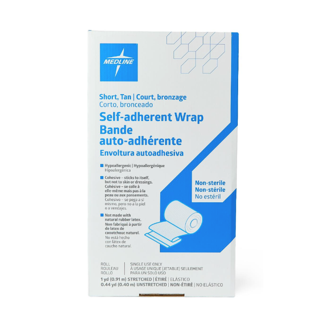 A box of Medline Non-Sterile Tam Self-Adherent Wrap Short Rolls, with blue and white packaging, features product details in English, French, and Spanish plus an illustration of a rolled self-adherent short roll on the lower right.