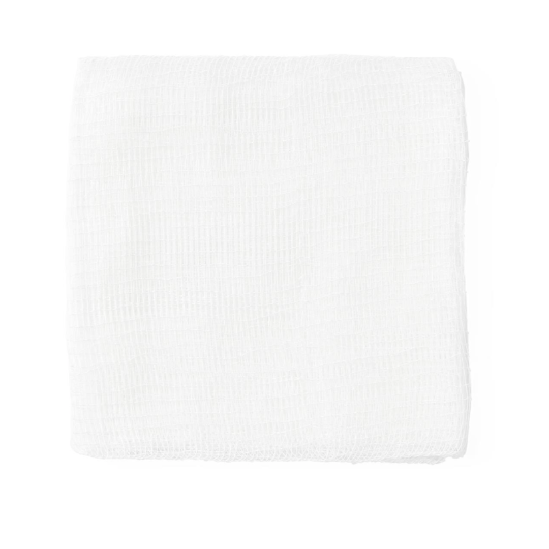 The image displays Medline Nonsterile 100% Cotton Woven Gauze Sponges—folded, white gauze cloths with a soft, textured surface—set against a plain white background.