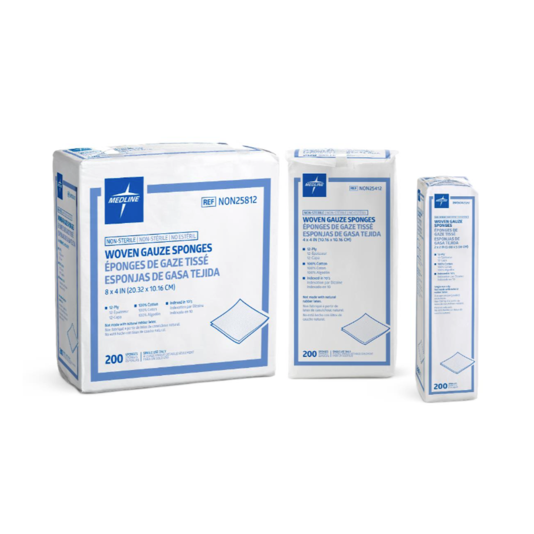 Three packs of Medline Nonsterile 100% Cotton Woven Gauze Sponges in white and blue packaging, each containing 200 sponges. Product details appear in English, French, and Spanish on the packages.