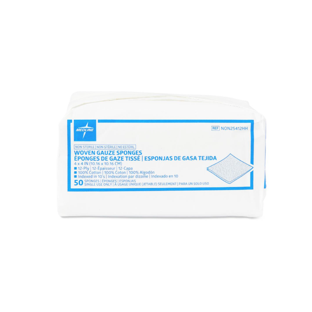 A pack of Medline Nonsterile 100% Cotton Woven Gauze Sponges in white packaging with blue and white label, featuring English, French, and Spanish. Each pack contains 50 nonsterile 4x4 inch, 12-ply woven gauze sponges.