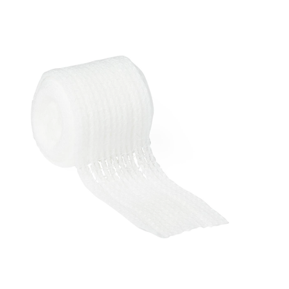 A roll of Medline Nonsterile Conforming Stretch Gauze Bandages is partially unrolled, showing its thin, textured, and slightly transparent material against a plain white background.