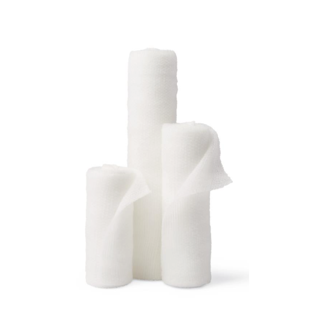 Three rolls of Medline Nonsterile Conforming Stretch Gauze Bandages stand upright on a plain white background, with two shorter rolls in front and one taller roll behind them.
