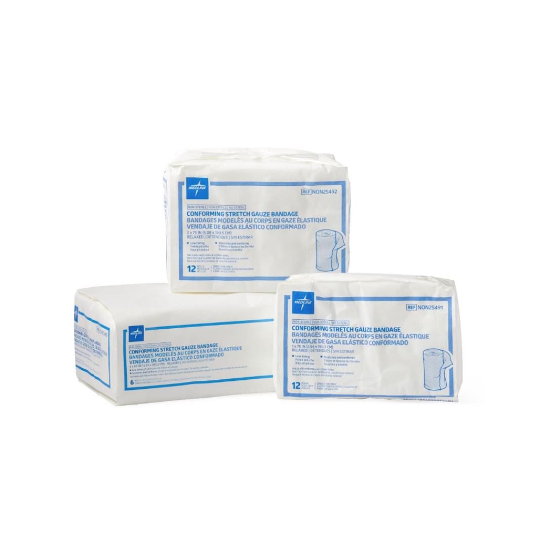 Three Medline Nonsterile Conforming Stretch Gauze Bandages in white and blue, with English and Spanish labels, are displayed on a plain white background. These bandages provide secure, comfortable wound coverage.