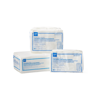 Three Medline Nonsterile Conforming Stretch Gauze Bandages in white and blue, with English and Spanish labels, are displayed on a plain white background. These bandages provide secure, comfortable wound coverage.