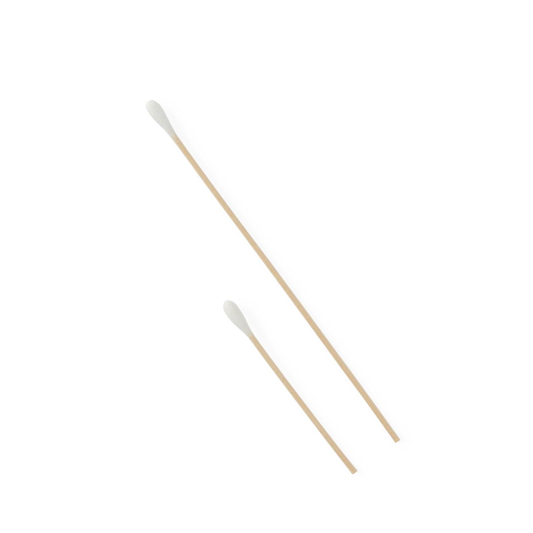 Two Medline Nonsterile Cotton-Tipped Applicators with white cotton tips on both ends and wooden sticks—one longer than the other—are placed parallel on a white background.
