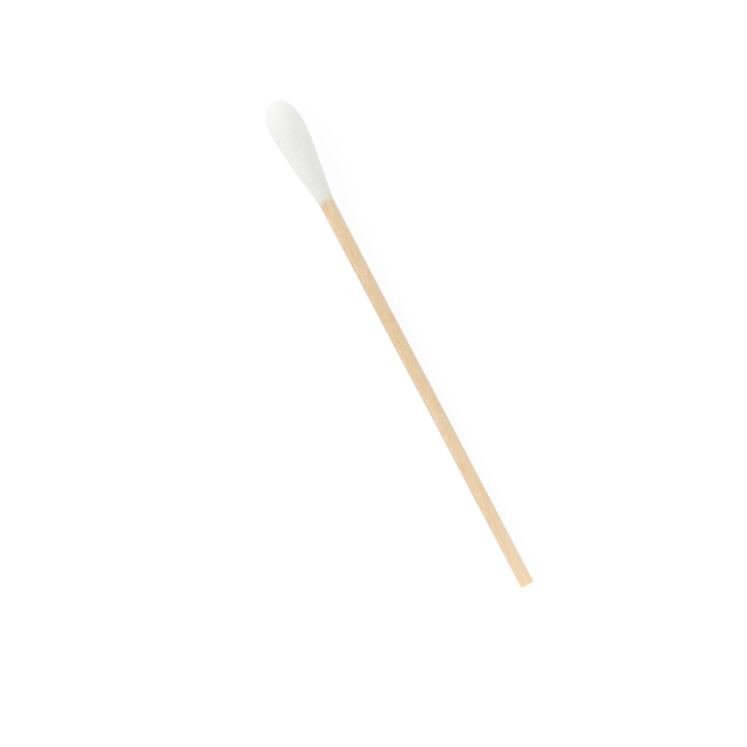 A single Medline Nonsterile Cotton-Tipped Applicator lies diagonally on a plain white background, featuring a wooden shaft and a white cotton tip.