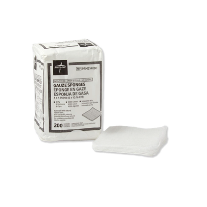 A package of Medline Nonsterile 100% Cotton Woven Gauze Sponges, labeled "4 x 4 in, 200 count," sits with a small stack of loose white gauze pads in front.