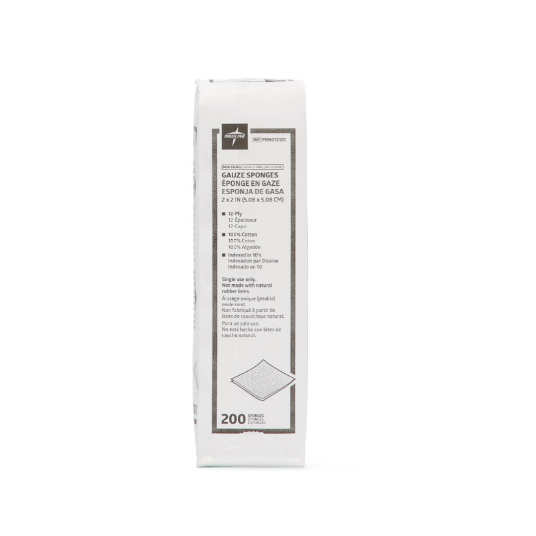 A white package of Medline Nonsterile 100% Cotton Woven Gauze Sponges is shown upright, featuring product info and an image of a gauze square; the 2 x 2 inch, 8-ply pack contains 200 pieces.
