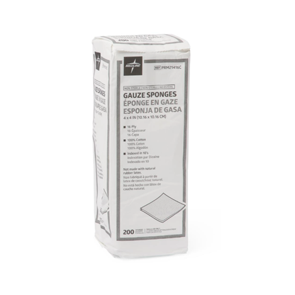 A sealed pack of Medline Nonsterile 100% Cotton Woven Gauze Sponges, 4 x 4 inches, 12-ply. Contains 200 nonsterile sponges with label info in English, French, and Spanish.
