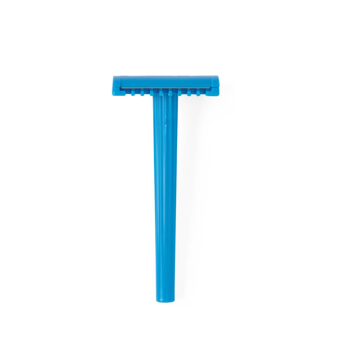 A blue Medline Nonsterile Double-Sided Shave Prep Razor with a straight handle and rectangular blade head for efficient shave prep is photographed against a white background.