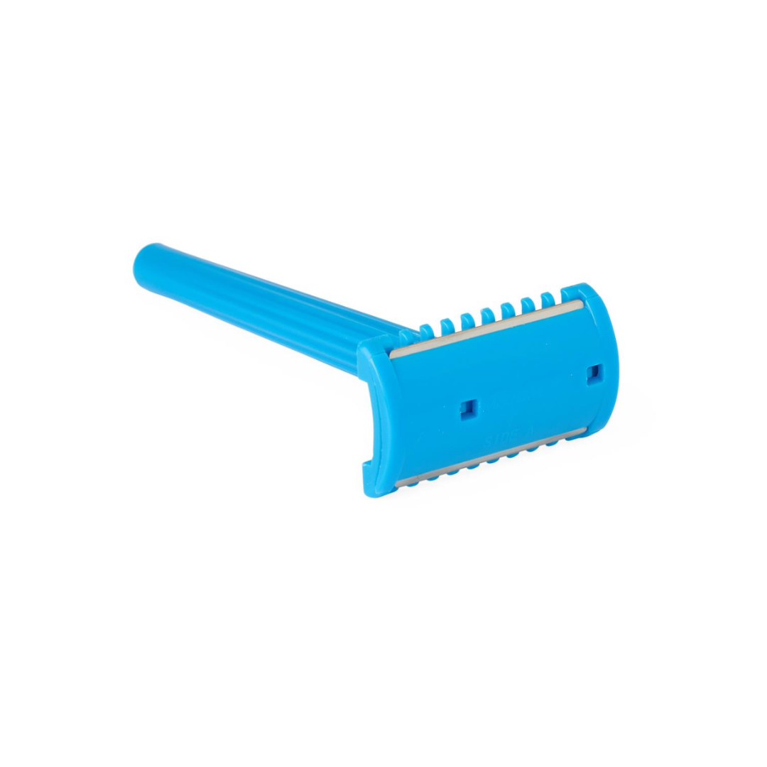 A blue Medline Nonsterile Double-Sided Shave Prep Razor with a plastic handle, shown on a white background, ideal for smooth shave preparation.