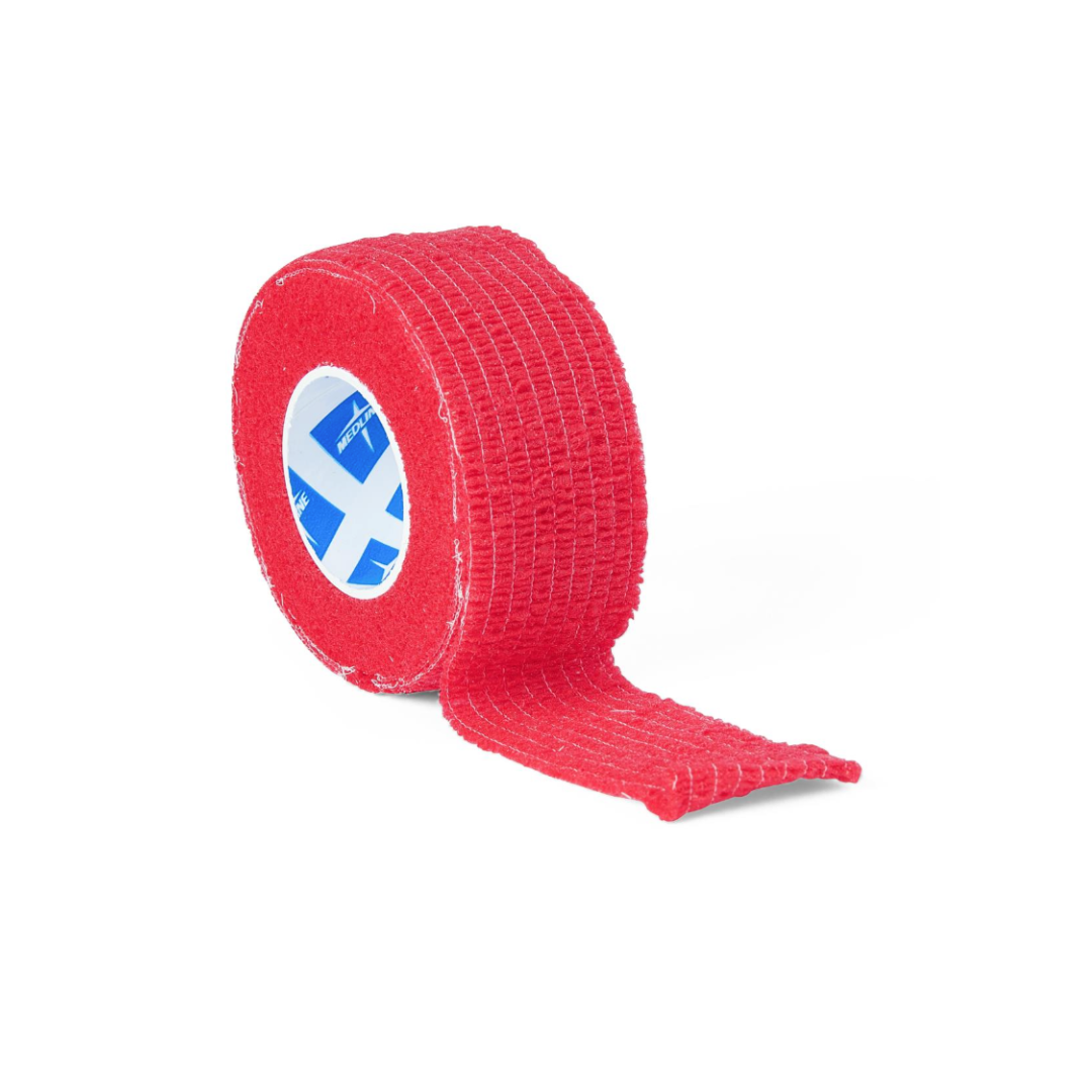 A roll of red Medline Nonsterile Self-Adherent Wrap Color Packs is partially unrolled on a white background, revealing its textured surface and blue inner label.