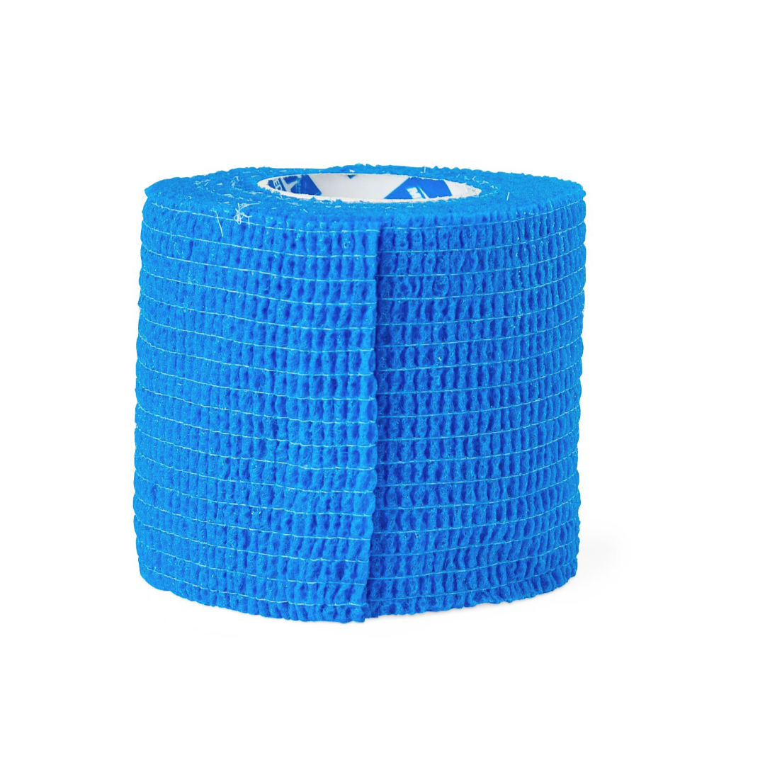 A blue roll of Medline Nonsterile Self-Adherent Wrap Color Packs with a textured, grid-like surface stands upright on a white background; perfect as a nonsterile wrap and available in assorted colors.