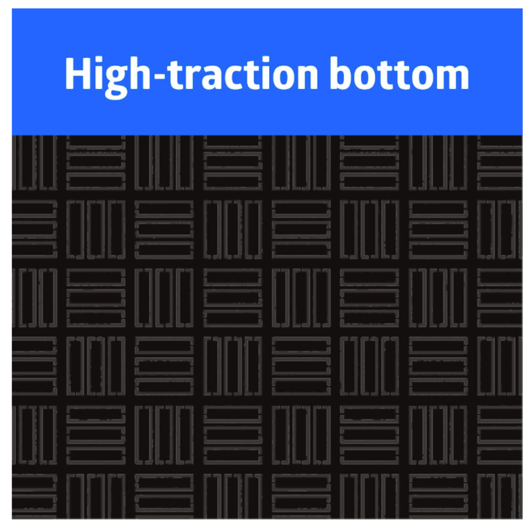 A textured black surface with a geometric pattern is shown. At the top, a blue banner reads "High-traction bottom," highlighting the durability of the Medline Standard Bio-Foam Anti-Fatigue Floor Mat - 20" x 48".