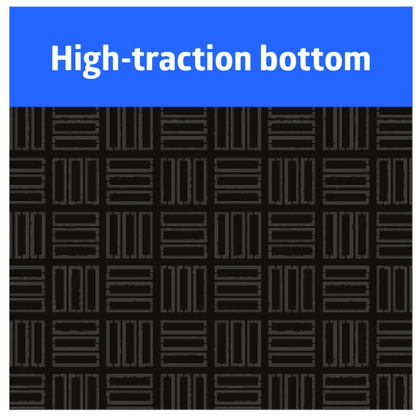 A textured black surface with a geometric pattern is shown. At the top, a blue banner reads "High-traction bottom," highlighting the durability of the Medline Standard Bio-Foam Anti-Fatigue Floor Mat - 20" x 48".