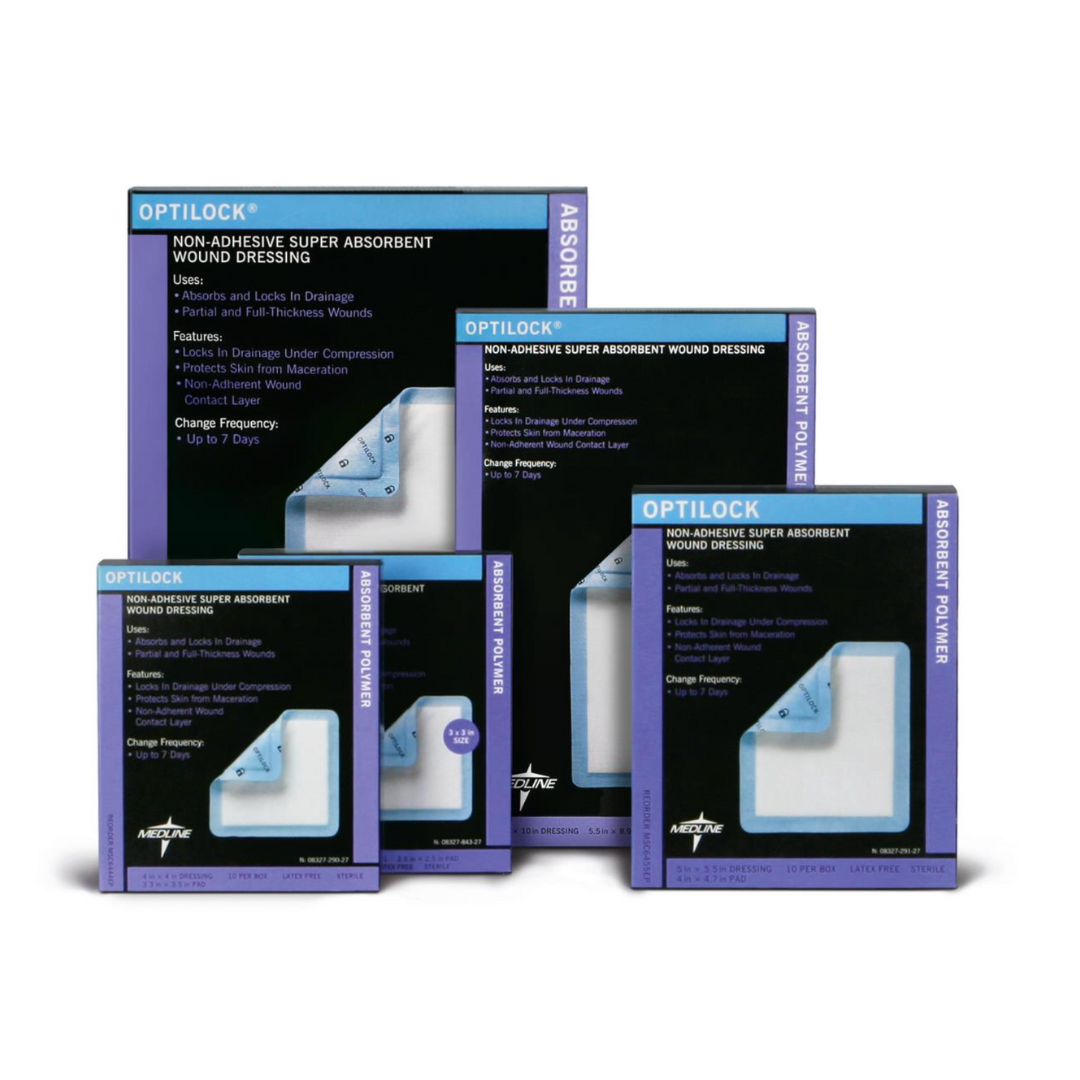 Five boxes of Medline OptiLock Nonadhesive Super Absorbent Wound Dressings in assorted sizes are arranged upright, displaying blue and purple packaging featuring an image of the nonadherent dressing on each box.