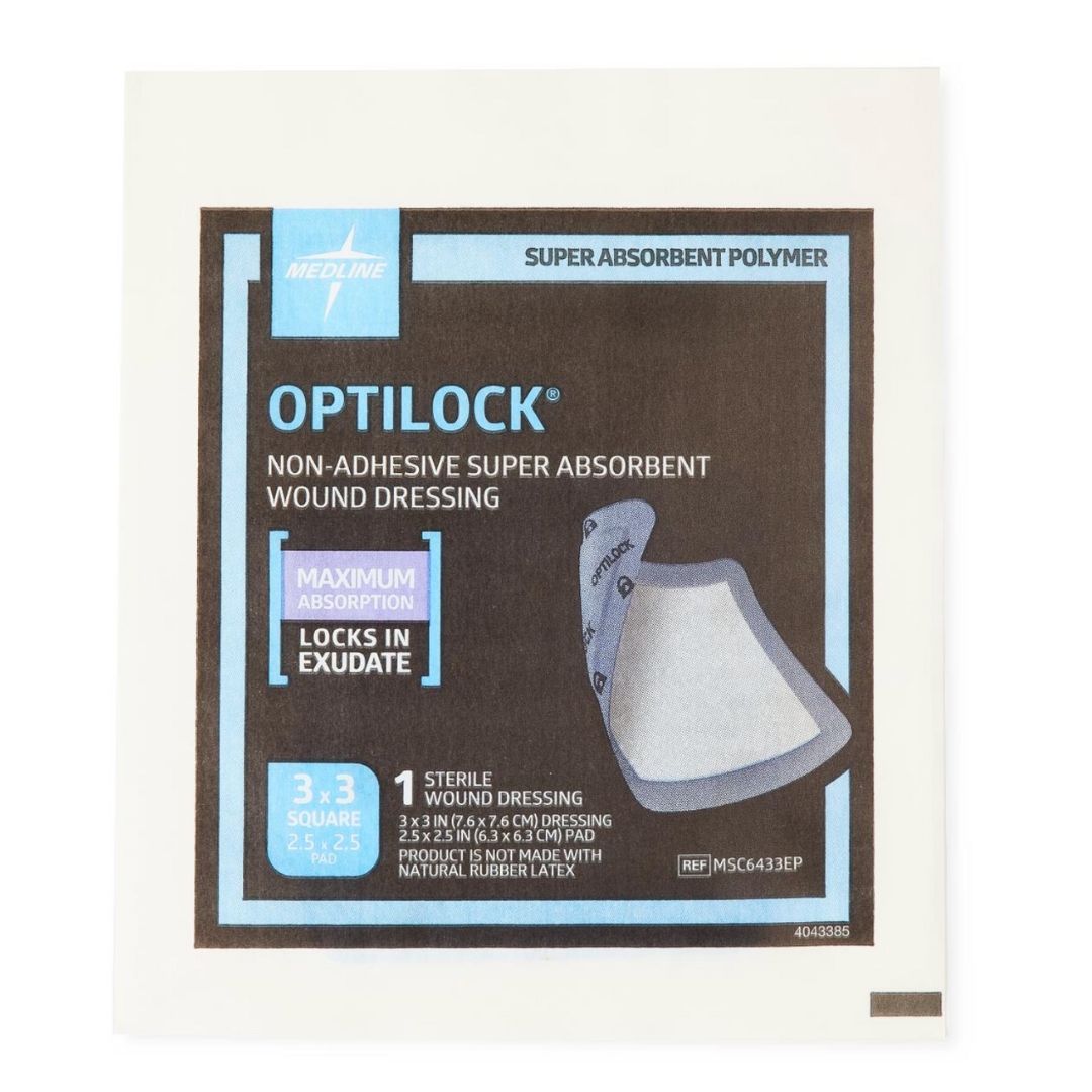 A package of Medline OptiLock Nonadhesive Super Absorbent Wound Dressings, 3 x 3 in, featuring a non-adherent contact layer. Highlights like "locks in exudate" and "maximum absorption" appear on a white background.