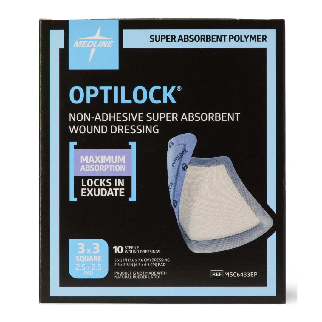 A box of Medline OptiLock Nonadhesive Super Absorbent Wound Dressings, shown with product details, pad photo, and text emphasizing “maximum absorption” and “locks in exudate”—ideal for pressure injury care.