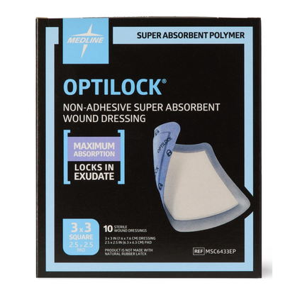 A box of Medline OptiLock Nonadhesive Super Absorbent Wound Dressings, shown with product details, pad photo, and text emphasizing “maximum absorption” and “locks in exudate”—ideal for pressure injury care.