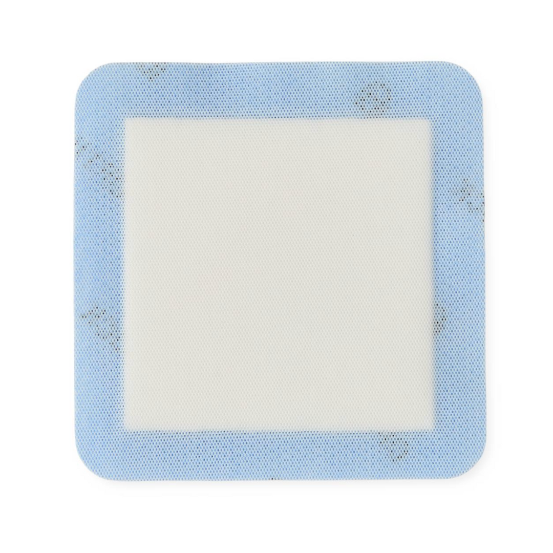 Medline OptiLock Nonadhesive Super Absorbent Wound Dressing: a square, flat bandage with a white center pad and light blue border, non-adherent and designed for wounds, shown from above on a white background.