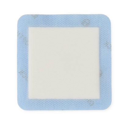 Medline OptiLock Nonadhesive Super Absorbent Wound Dressing: a square, flat bandage with a white center pad and light blue border, non-adherent and designed for wounds, shown from above on a white background.