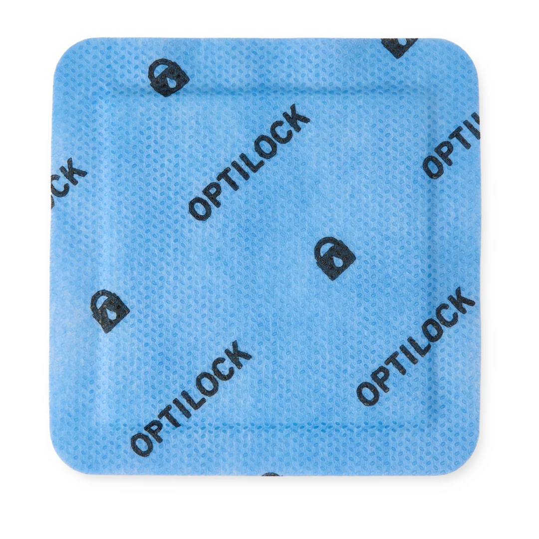 A square blue Medline OptiLock Nonadhesive Super Absorbent Wound Dressing with rounded corners, dotted texture, black "OPTILOCK" label, and small lock icons—ideal for managing pressure injuries.