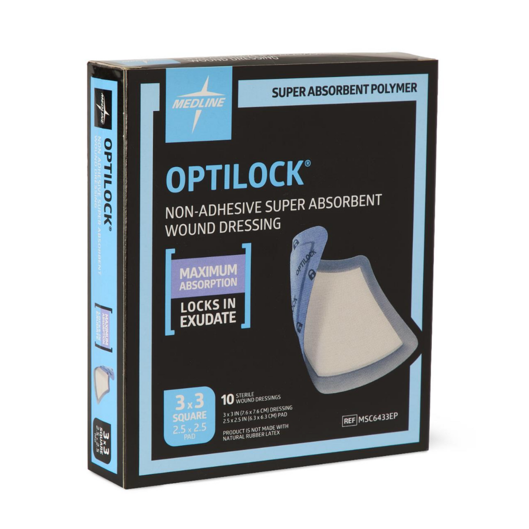 A box of Medline OptiLock Nonadhesive Super Absorbent Wound Dressings, showing the non-adherent dressing with text noting maximum absorption and "locks in exudate." Each box includes 10 sterile dressings.