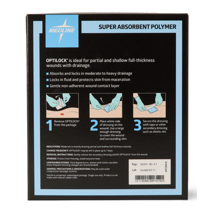 Back of a Medline OptiLock Nonadhesive Super Absorbent Wound Dressings box displaying product features, step-by-step illustrated application instructions, usage indications, and general information.