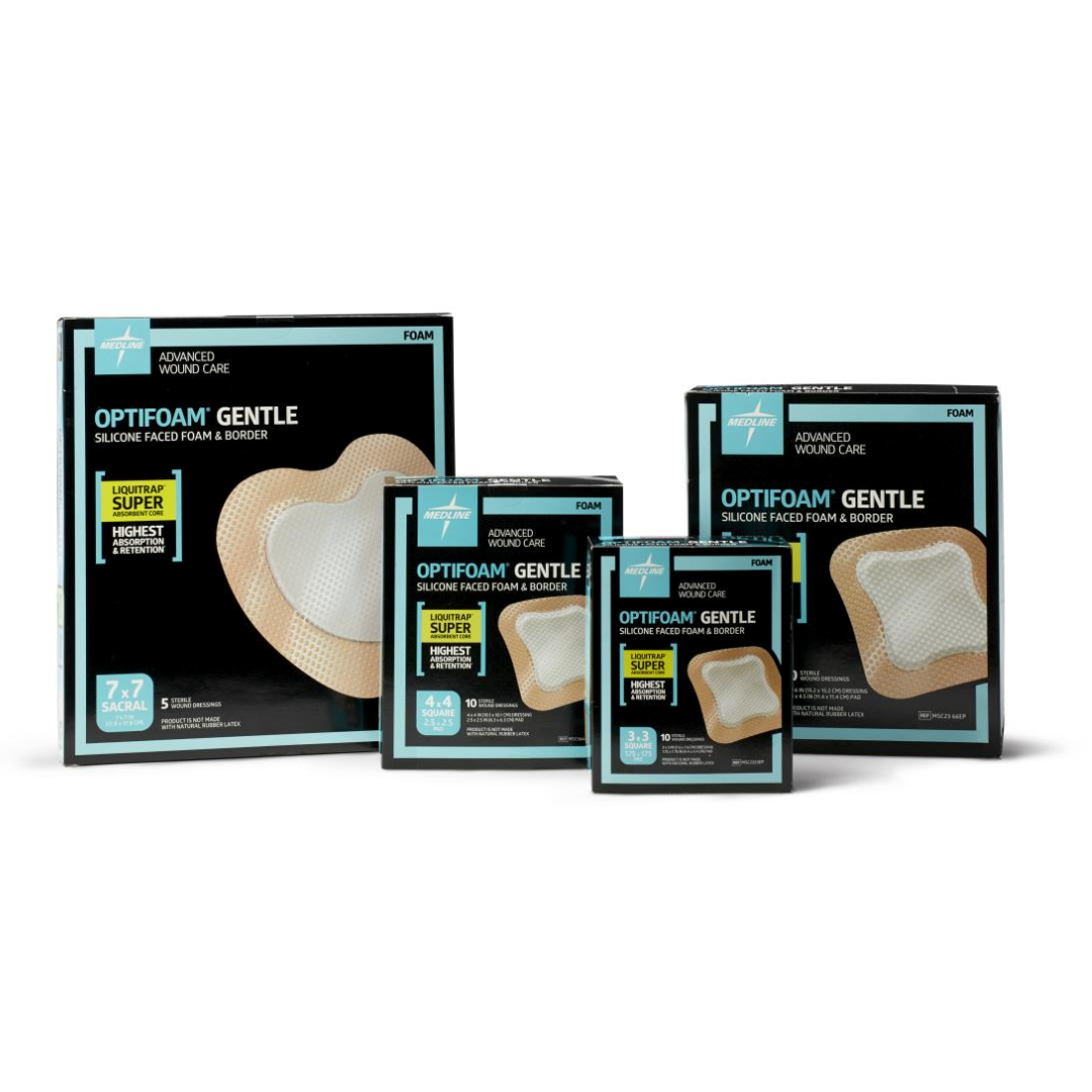 Four boxes of Medline Optifoam Gentle LQ Silicone-Faced Foam Wound Dressings in assorted sizes are arranged side by side, displaying wound care packaging and silicone border foam dressing designs on the front.