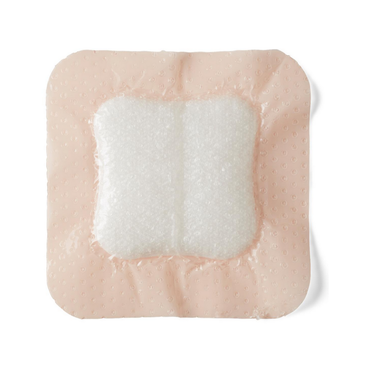 Medline Optifoam Gentle LQ Silicone-Faced Foam Wound Dressings are square adhesive bandages with a thick white foam center and light beige silicone border, designed for advanced wound care, shown against a white background.