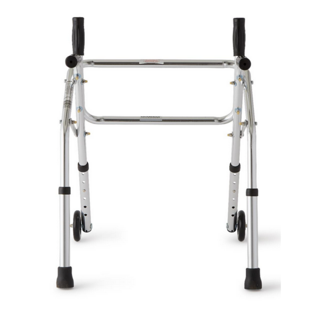 Front view of the Medline Pediatric Non-Folding Walker & Standing Aid in silver, with lightweight aluminum frame, two black hand grips, front wheels, rear rubber tips, and height adjustable for walking and mobility support.