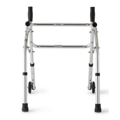 Front view of the Medline Pediatric Non-Folding Walker & Standing Aid in silver, with lightweight aluminum frame, two black hand grips, front wheels, rear rubber tips, and height adjustable for walking and mobility support.