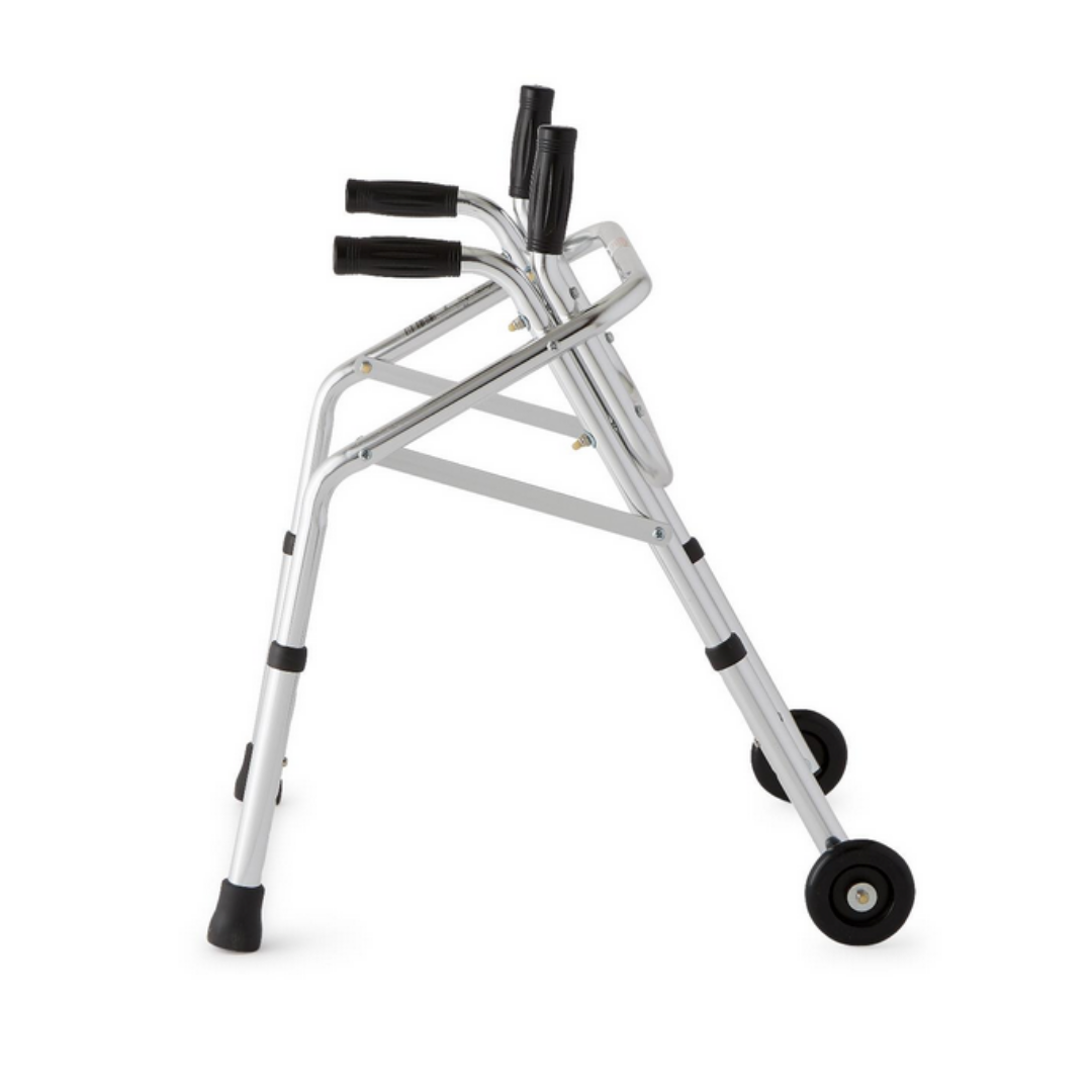 The Medline Pediatric Non-Folding Walker & Standing Aid features a lightweight aluminum frame, height adjustability, two front black rubber-tipped legs, and two rear wheels—ideal as a pediatric walking aid with three adjustable heights.