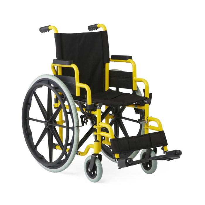 The Medline Pediatric Kidz Guardian Wheelchair, in black and yellow with large rear wheels, small front wheels, armrests, adjustable features, and footrests, is positioned on a white background.
