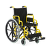 The Medline Pediatric Kidz Guardian Wheelchair, in black and yellow with large rear wheels, small front wheels, armrests, adjustable features, and footrests, is positioned on a white background.