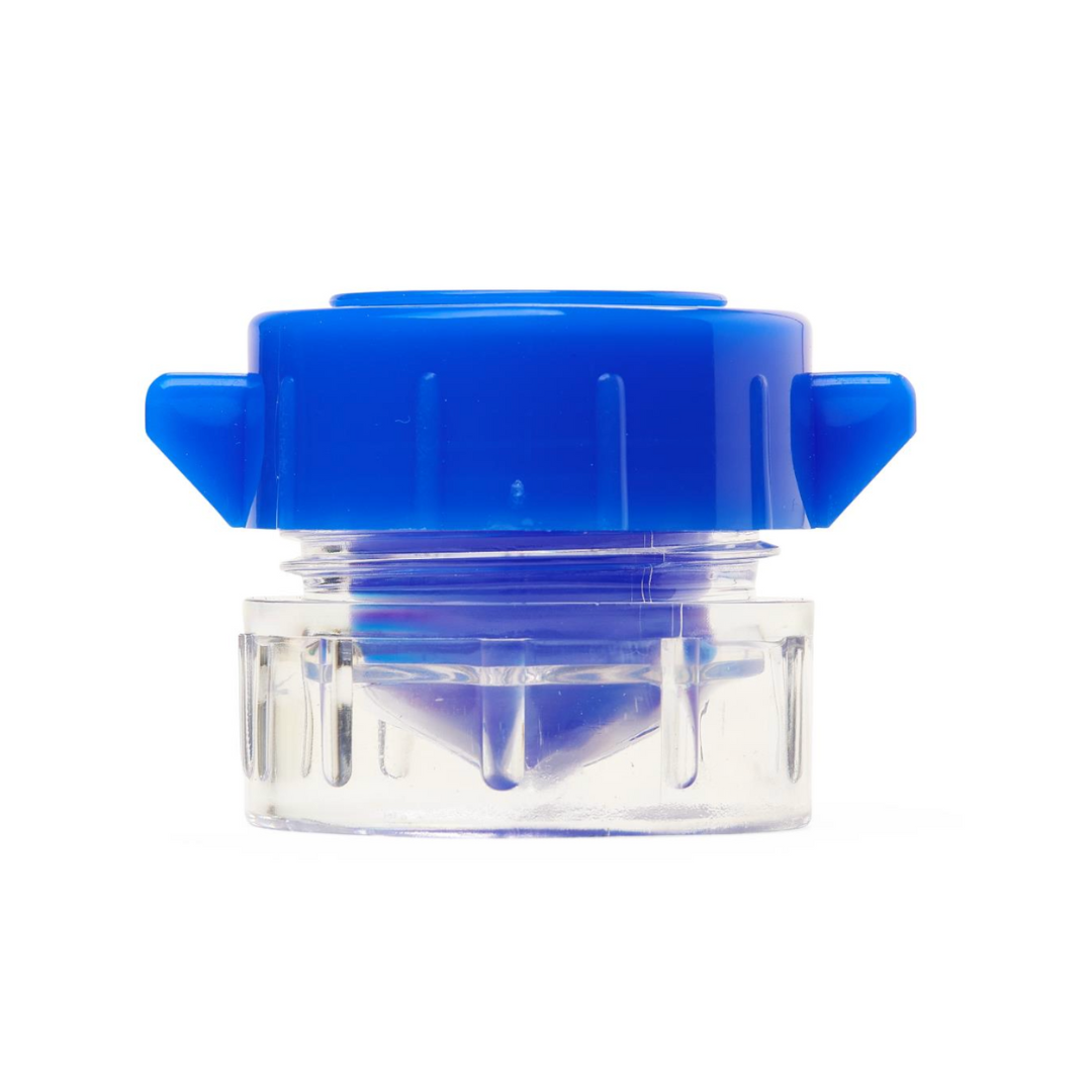 A close-up of the Medline Pill Crusher with Finger Grips, featuring a clear base and a blue lid with side tabs, shown against a plain white background.
